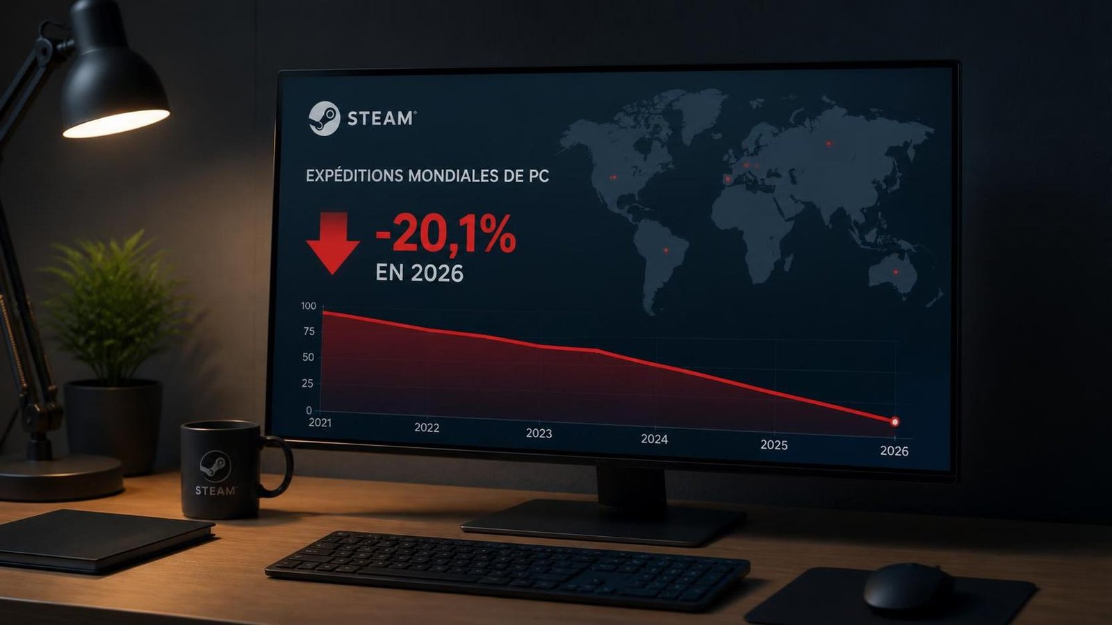 Illustration éditoriale de Steam : les expéditions mondiales de PC chutent de 20,1% en 2026