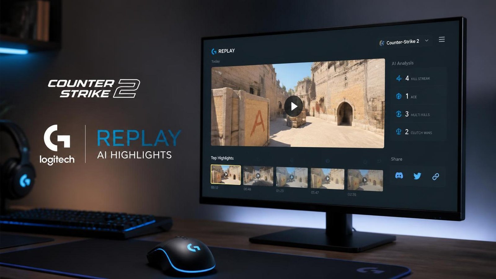 Illustration éditoriale de Counter-Strike 2 : Logitech lance Replay, un outil d’autoclips IA
