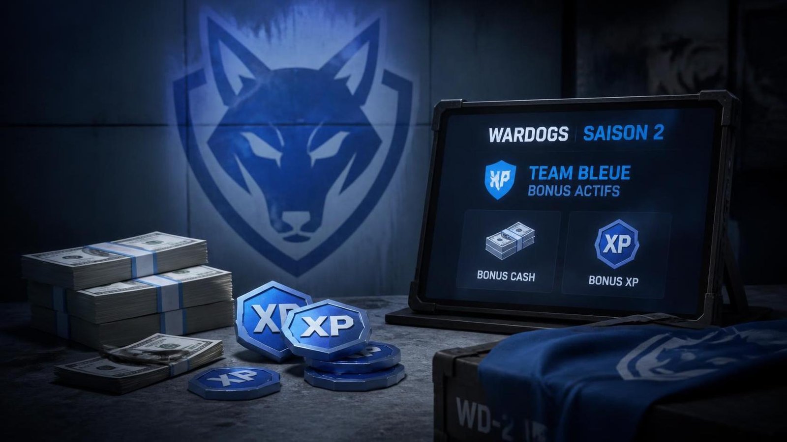 Illustration éditoriale de Wardogs saison 2: bonus cash et XP pour la team Bleue, reset progression