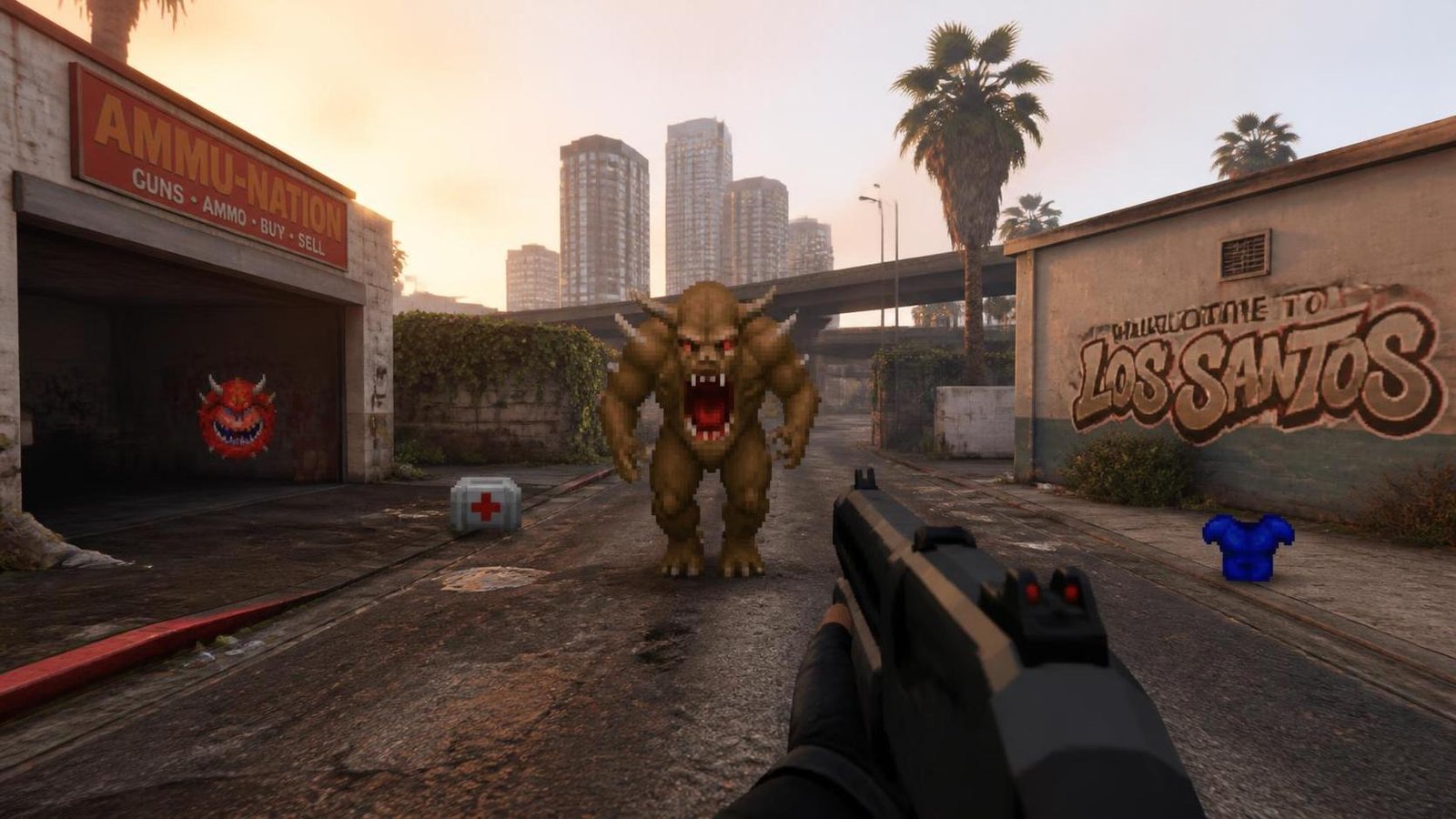 Illustration éditoriale de GTA 5 accueille un mod Doom 2 avec armes, démons et vue FPS