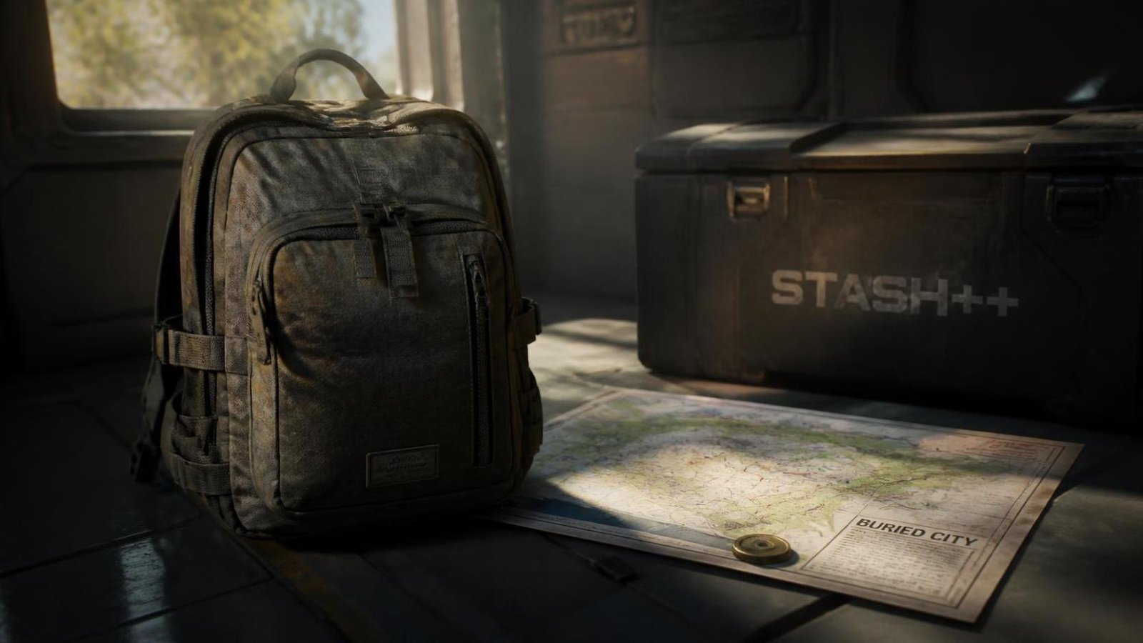 Illustration éditoriale de Arc Raiders 2.0 : sac à dos discret, carte à terre, stash++