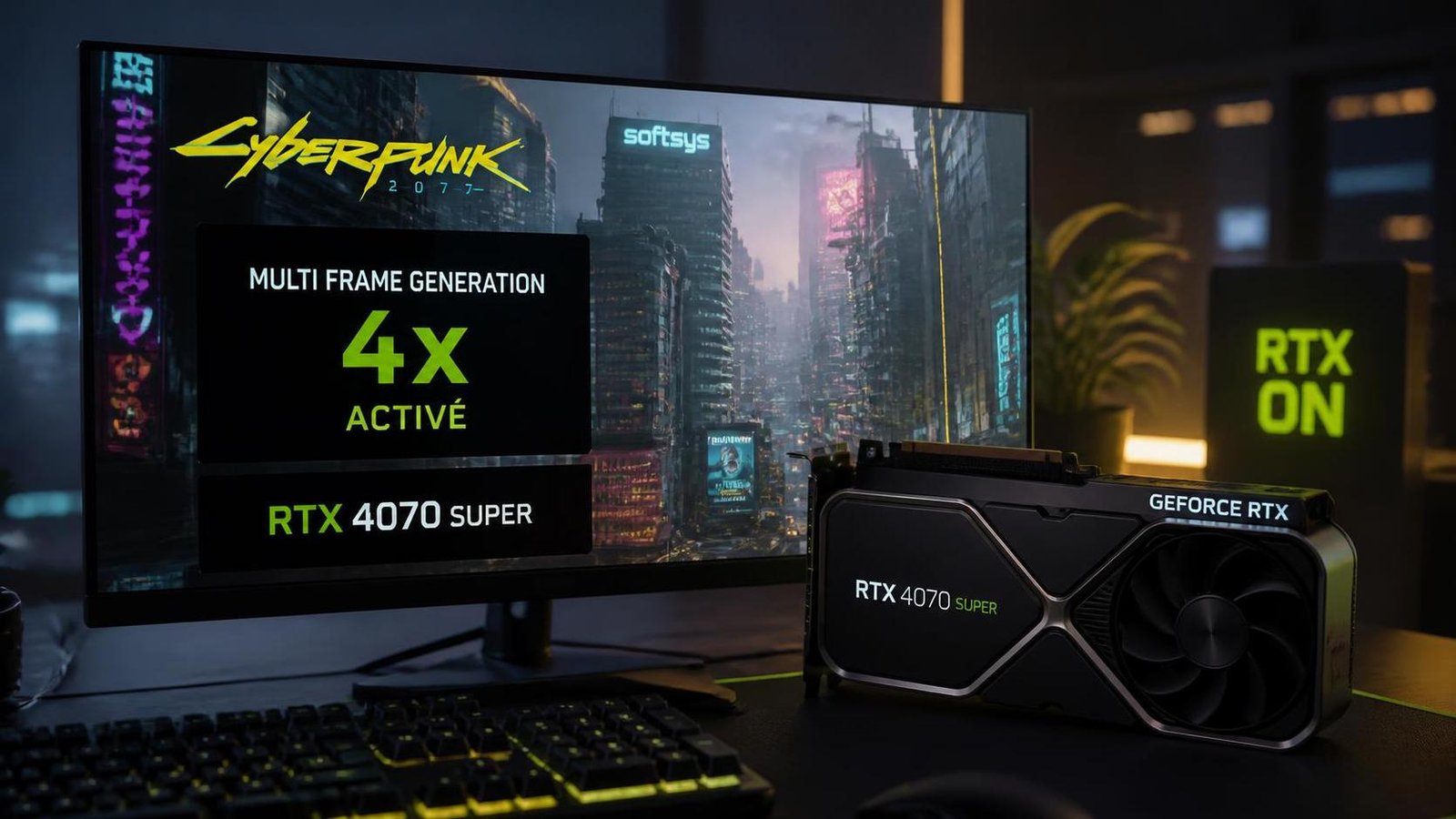 Illustration éditoriale de Cyberpunk 2077 : Multi Frame Generation 4x activé officieusement sur RTX 4070 Super