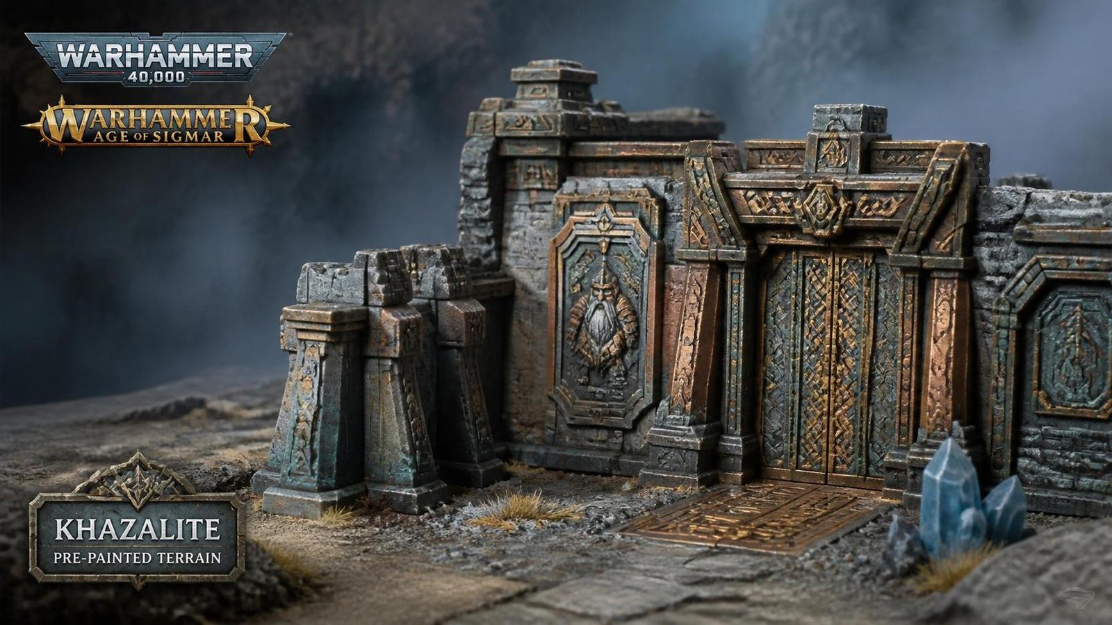 Illustration éditoriale de Warhammer 40,000 et Age of Sigmar : précommandes terrain prépeint et Khazalite