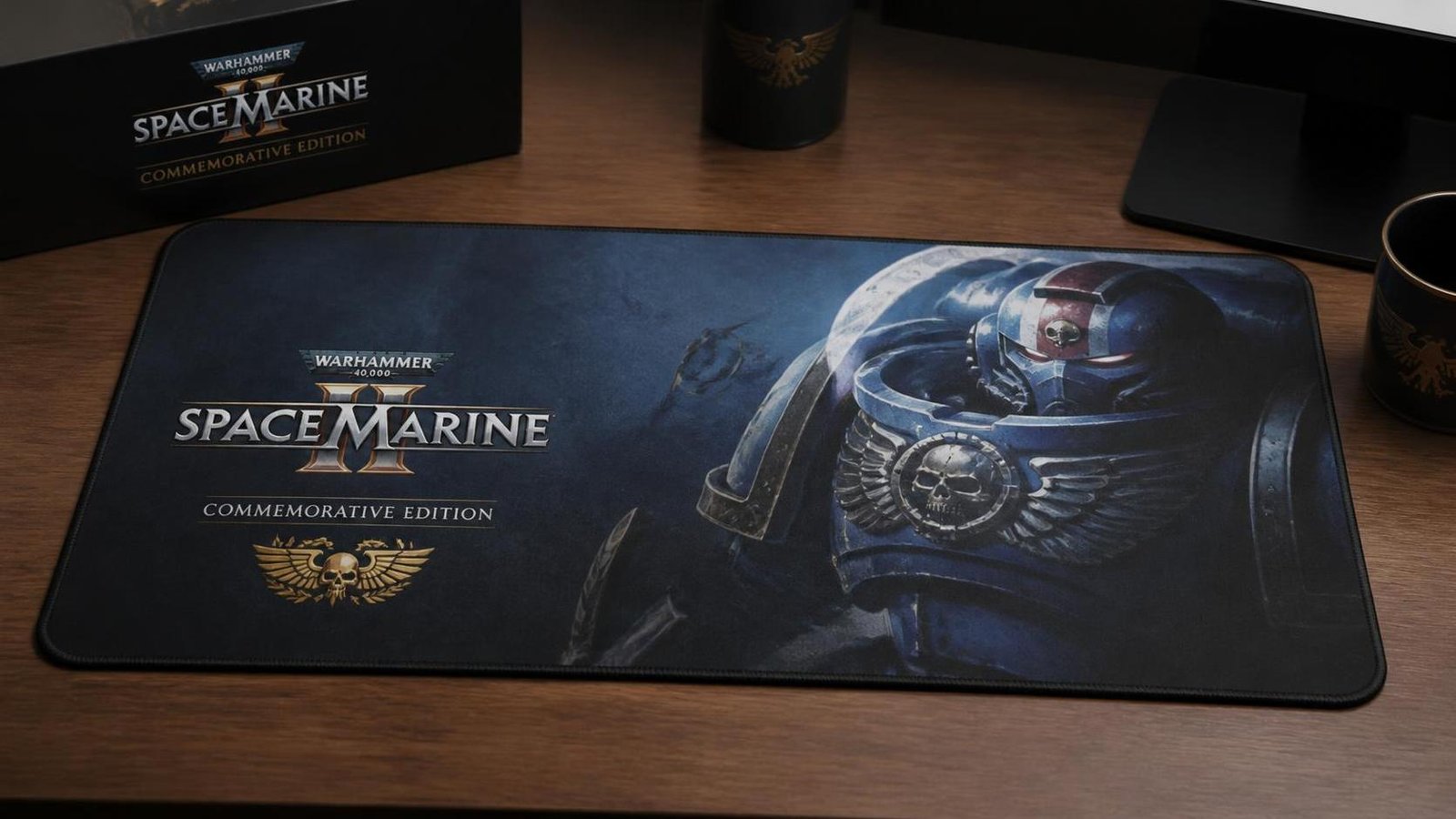 Illustration éditoriale de Warhammer 40,000: Space Marine 2 offre un tapis de bureau commémoratif en magasin