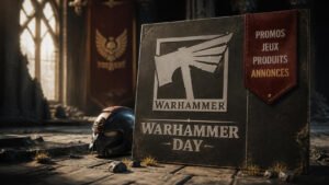Illustration éditoriale de Warhammer Day : jeux et produits officiels en promos et annonces
