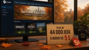 Illustration éditoriale de Steam Autumn Sale 2026 propose plus de 44 000 jeux à moins de 5 $