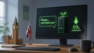 Illustration éditoriale de UK government veut qu’on soit impoli avec l’IA pour réduire l’empreinte carbone
