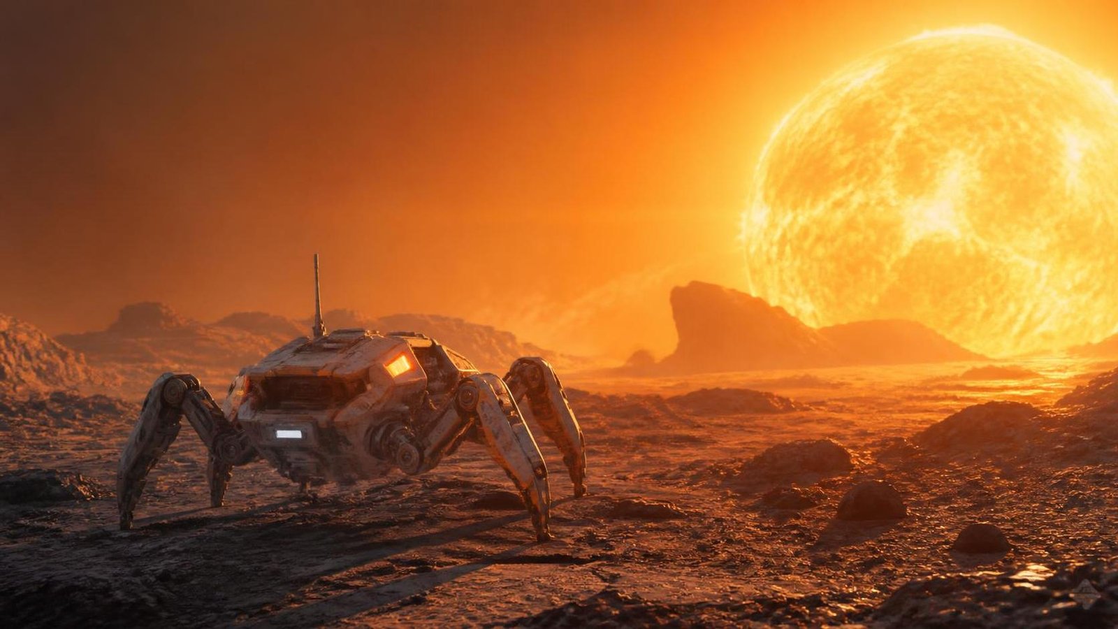 Illustration éditoriale de Radiosol : un robot araignée face à un soleil mortel sur Steam