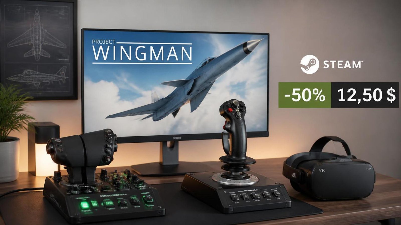 Illustration éditoriale de Project Wingman en promo sur Steam à 12,50 $ avec VR et HOTAS