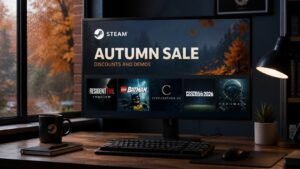 Illustration éditoriale de 9 jeux 2026 en promo sur Steam Autumn Sale : Resident Evil Requiem, Lego Batman et plus