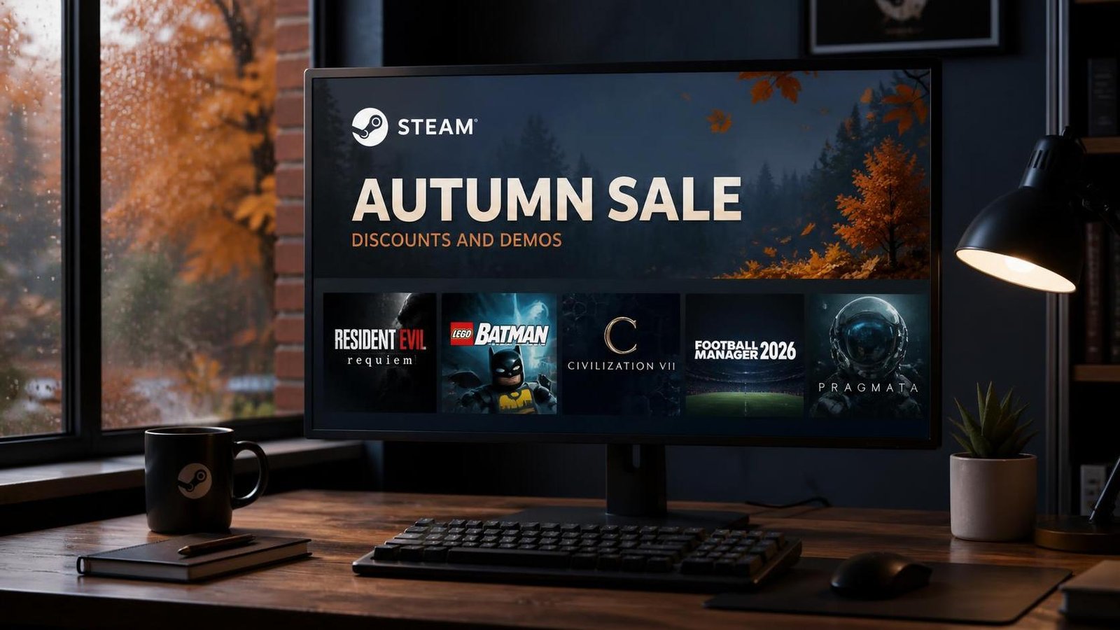 Illustration éditoriale de 9 jeux 2026 en promo sur Steam Autumn Sale : Resident Evil Requiem, Lego Batman et plus