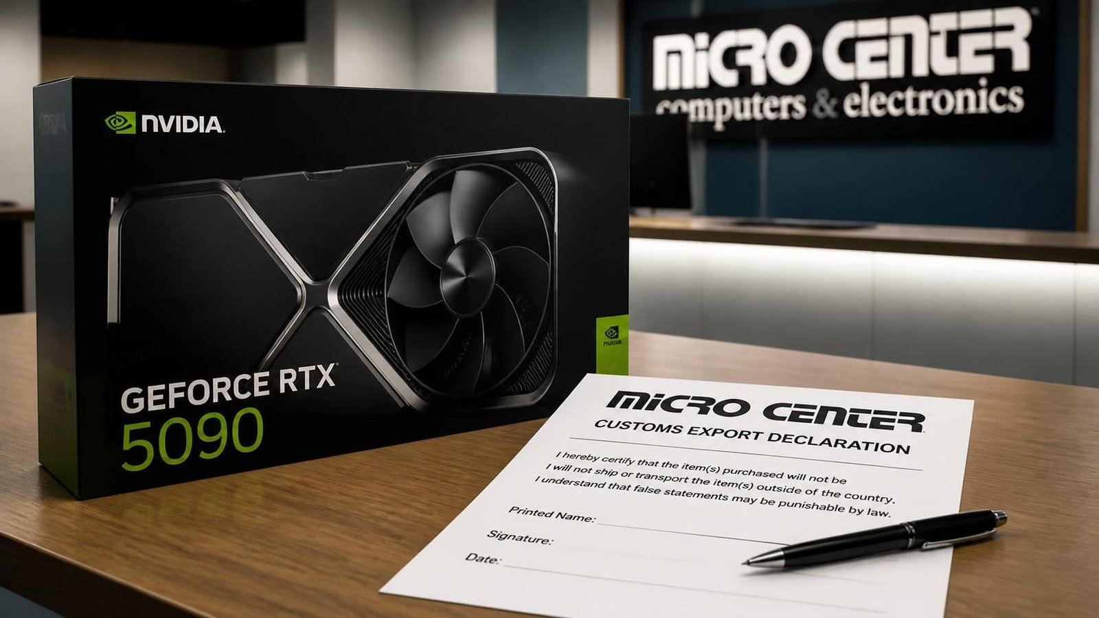Illustration éditoriale de Micro Center impose une déclaration anti‑export pour RTX 5090