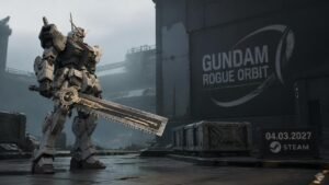 Illustration éditoriale de Gundam Rogue Orbit arrive le 4 mars 2027 sur Steam avec un mécha à macuahuitl tronçonneuse