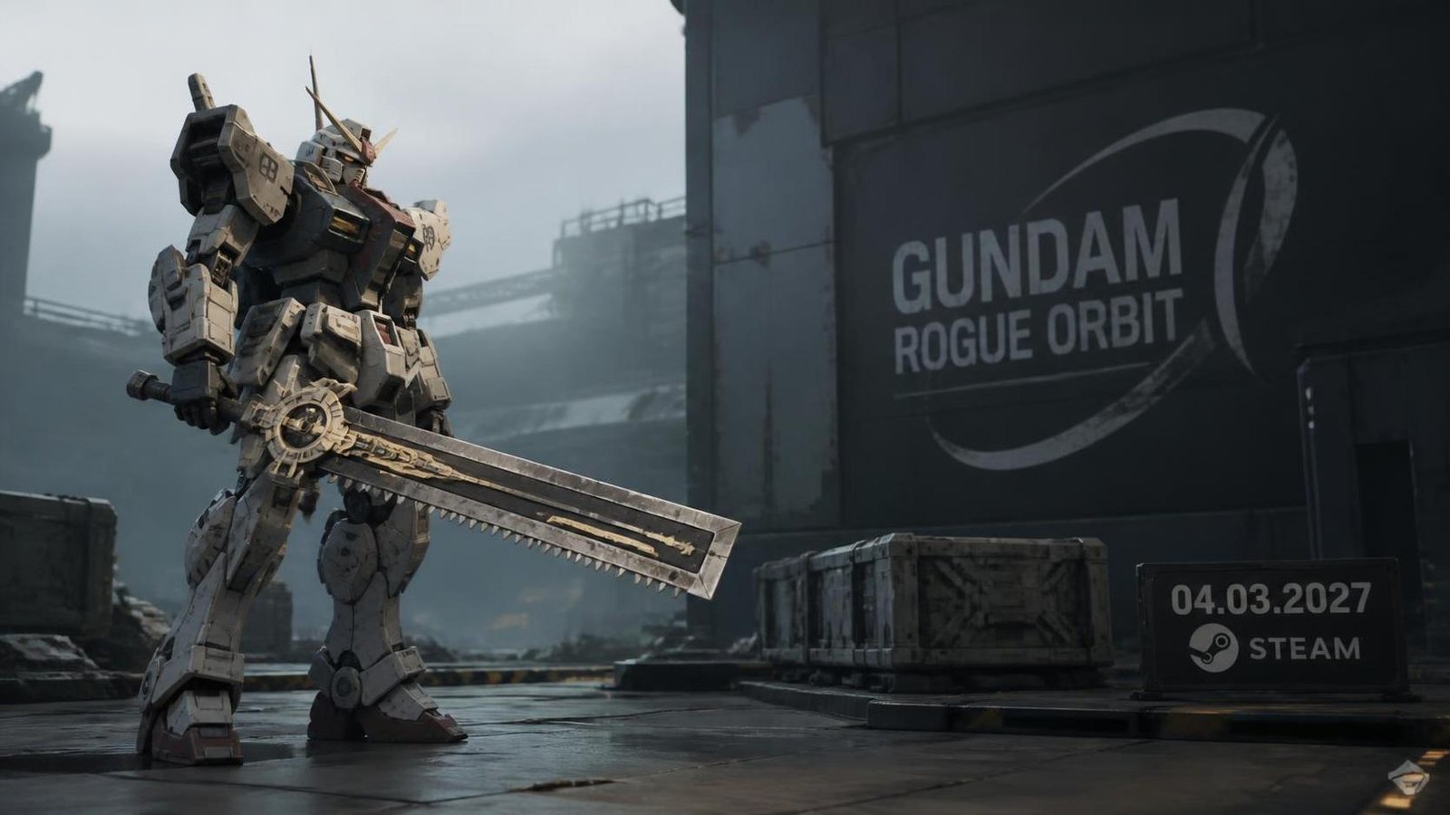 Illustration éditoriale de Gundam Rogue Orbit arrive le 4 mars 2027 sur Steam avec un mécha à macuahuitl tronçonneuse