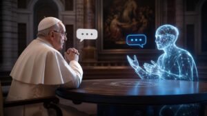 Illustration éditoriale de AI guys beefing with the pope: débat entre IA et Pape François