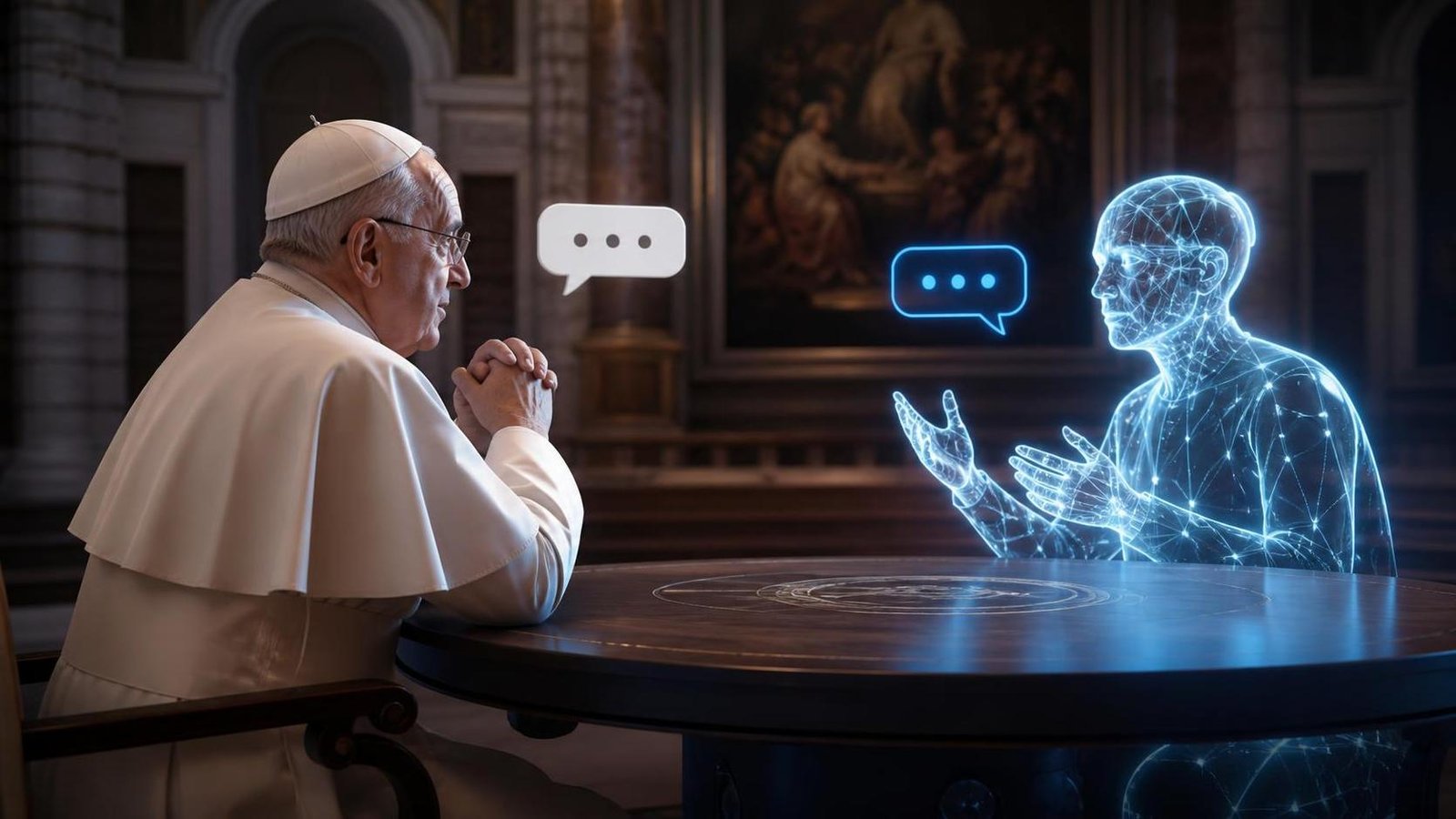 Illustration éditoriale de AI guys beefing with the pope: débat entre IA et Pape François