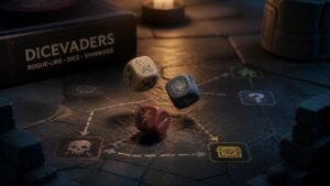 Illustration éditoriale de Dicevaders : roguelike de dés et synergies pour maîtriser le hasard