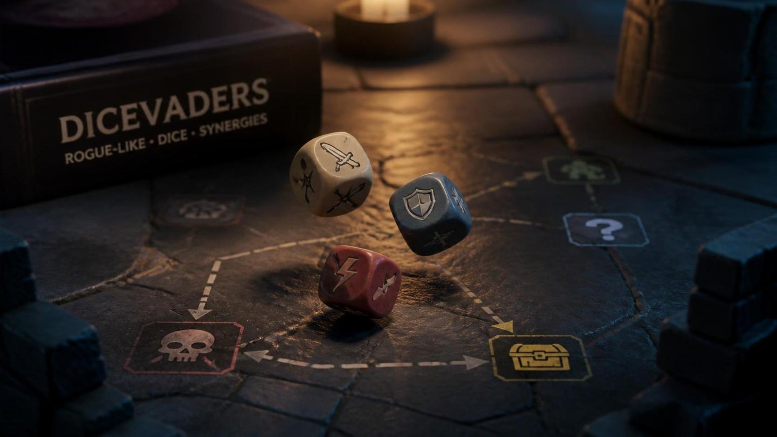 Illustration éditoriale de Dicevaders : roguelike de dés et synergies pour maîtriser le hasard