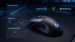 Illustration éditoriale de 2026 is the year big brands have finally pushed gaming mouse technology forwards : Logitech, Razer et SteelSeries introduisent clics analogiques, FrameSync et UWB