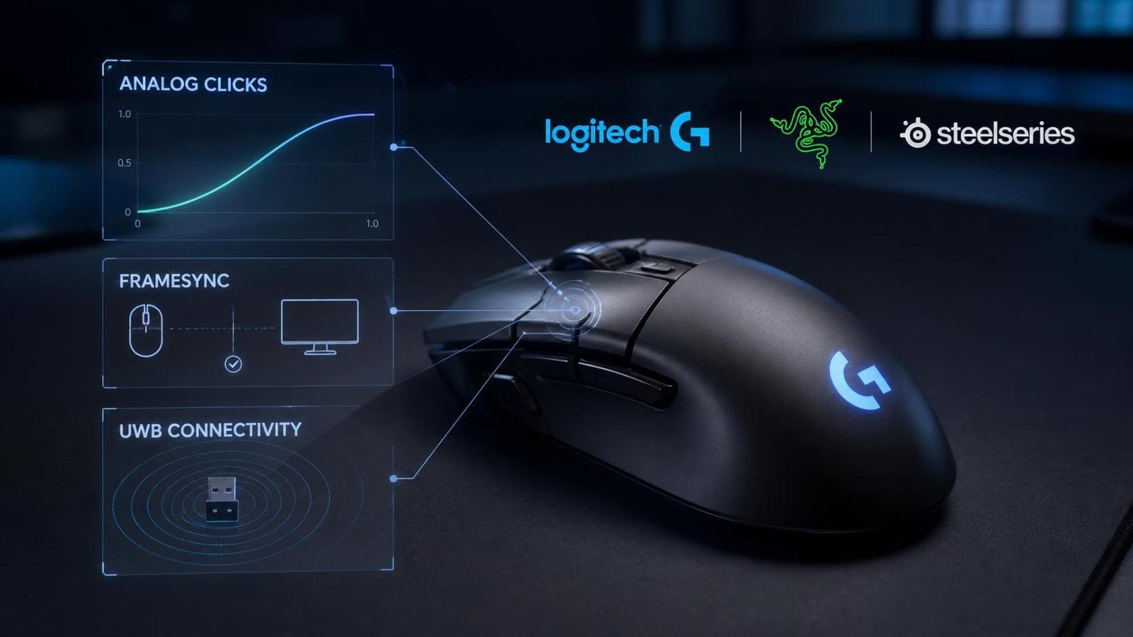 Illustration éditoriale de 2026 is the year big brands have finally pushed gaming mouse technology forwards : Logitech, Razer et SteelSeries introduisent clics analogiques, FrameSync et UWB