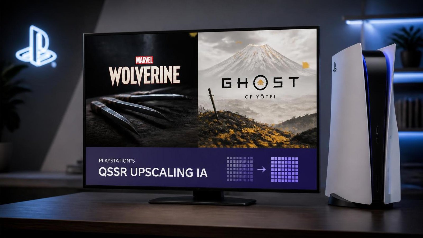 Illustration éditoriale de Marvel’s Wolverine et Ghost of Yōtei sur PS5 avec l’upscaling IA QSSR